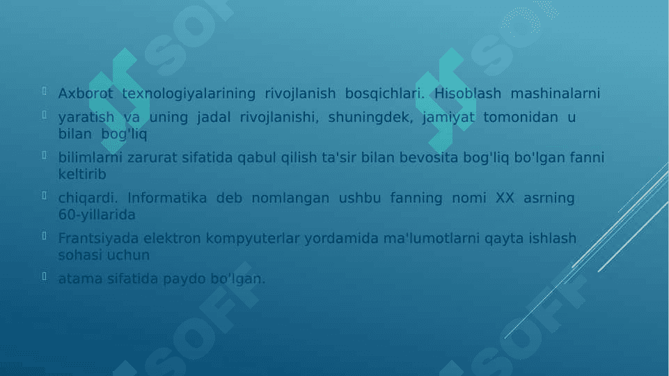 АХBОRОT TЕХNОLОGIYАLАRINiKASBIY FAOLIYATDA QO’LLASH FАNININGРRЕDMЕTI, MАQSАDI VА VАZIFАLАRI 7