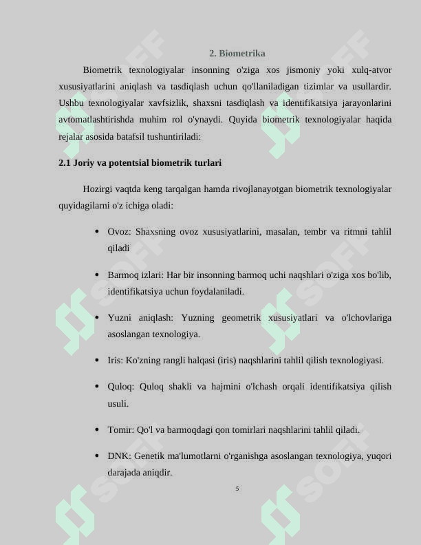 Shaxsni identifikatsiyalashning biometrik vositalari. Biometrik autentifikatsiya usullari 5