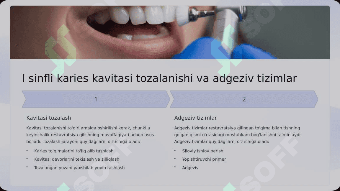 Blek bo‘yicha I - II  sinfli karies  kovaklarini  restavratsiya  qilishning klinik  tamoyillari. 6