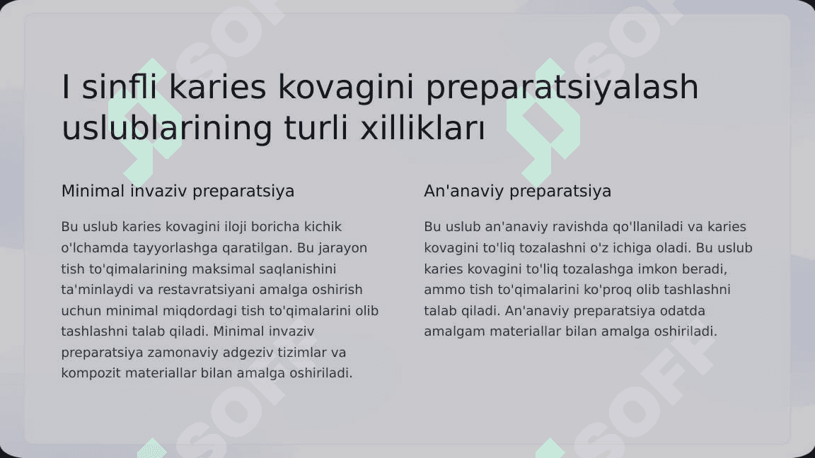 Blek bo‘yicha I - II  sinfli karies  kovaklarini  restavratsiya  qilishning klinik  tamoyillari. 7