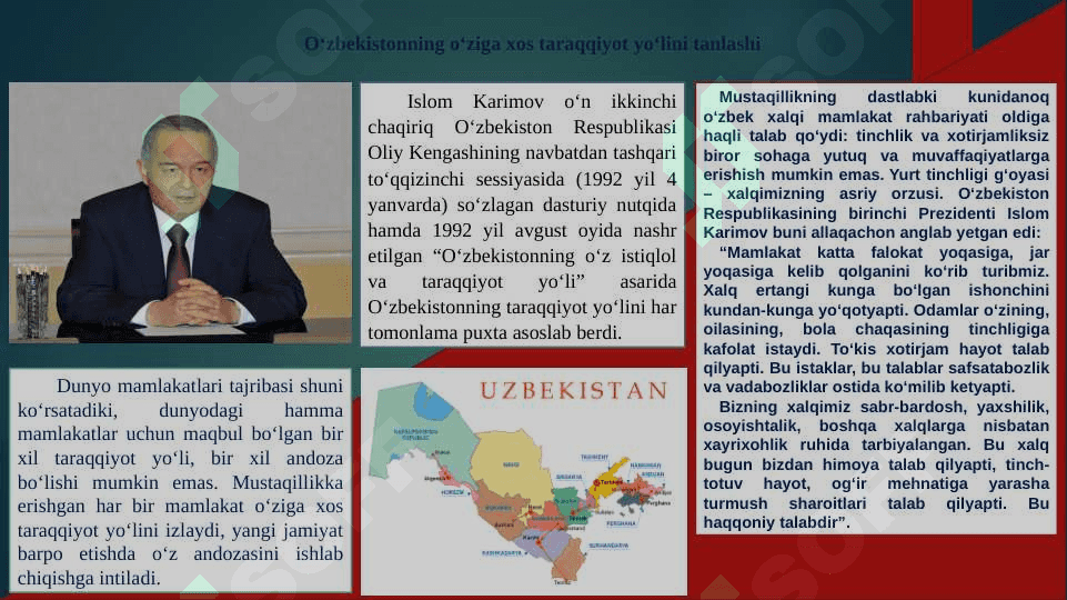 Mustaqil O‘zbekiston Respublikasi tashkil topishining tarixiy ahamiyati. O‘zbekistonning o‘ziga xos istiqlol va taraqqiyot yo‘li pptx 2