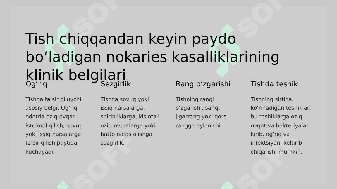 Tish chiqqandan  keyin paydo  bo‘ladigan nokaries  kasalliklar.  Ponasimon nuqson,.  Klinikasi,  tashxislash va  qiyosiy tashxislash. 3