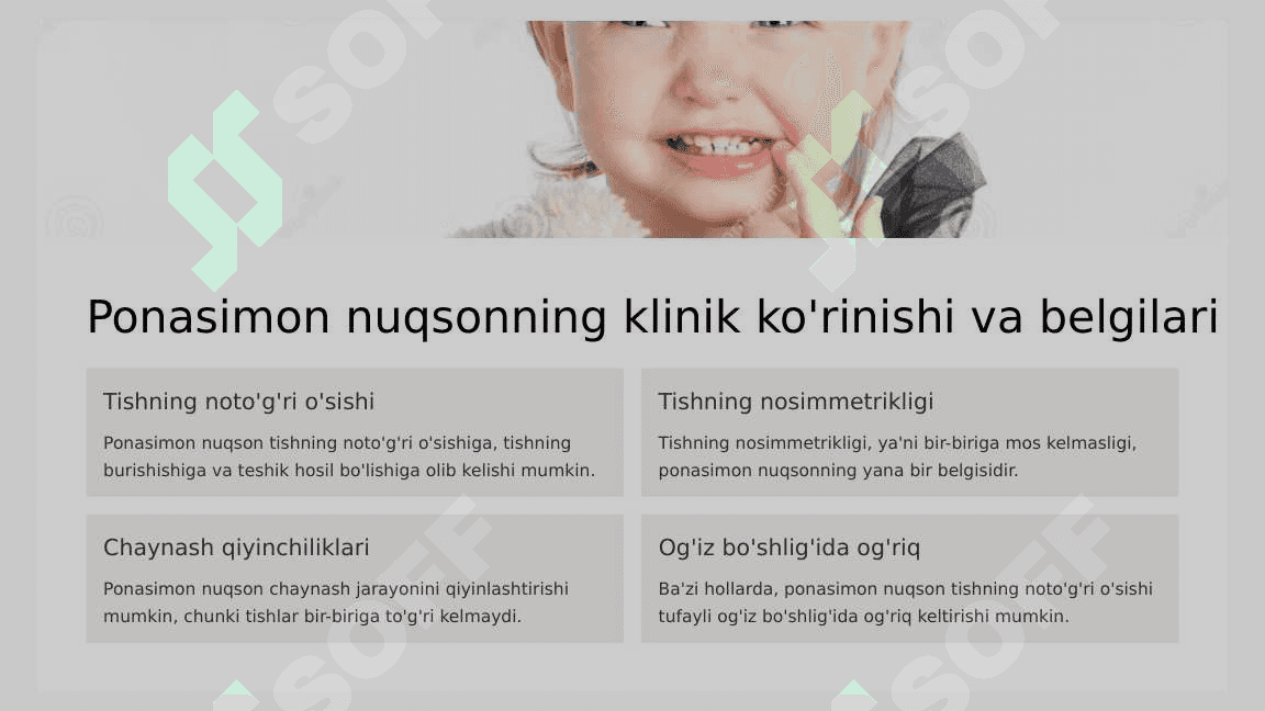 Tish chiqqandan  keyin paydo  bo‘ladigan nokaries  kasalliklar.  Ponasimon nuqson,.  Klinikasi,  tashxislash va  qiyosiy tashxislash. 5