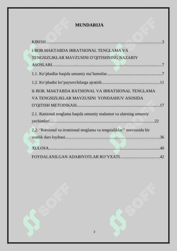 IRRATSIONAL TENGLAMALARNI” O'QITISH METODIKASI 2