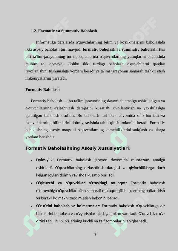 : Informatika darslarida oʻquvchilar bilim koʻnikma va malakalarini nazorat qilish baholashning zamonaviy metodlari 8