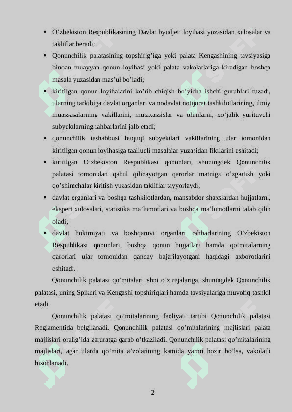 O’zbekiston Respublikasi Oliy Majlisi qonunchilik palatasi va senati qo’mita va komissiyalarini shakllantirish, qo’mita va komissiyalar faoliyatining asosiy yo’nalishlari 2