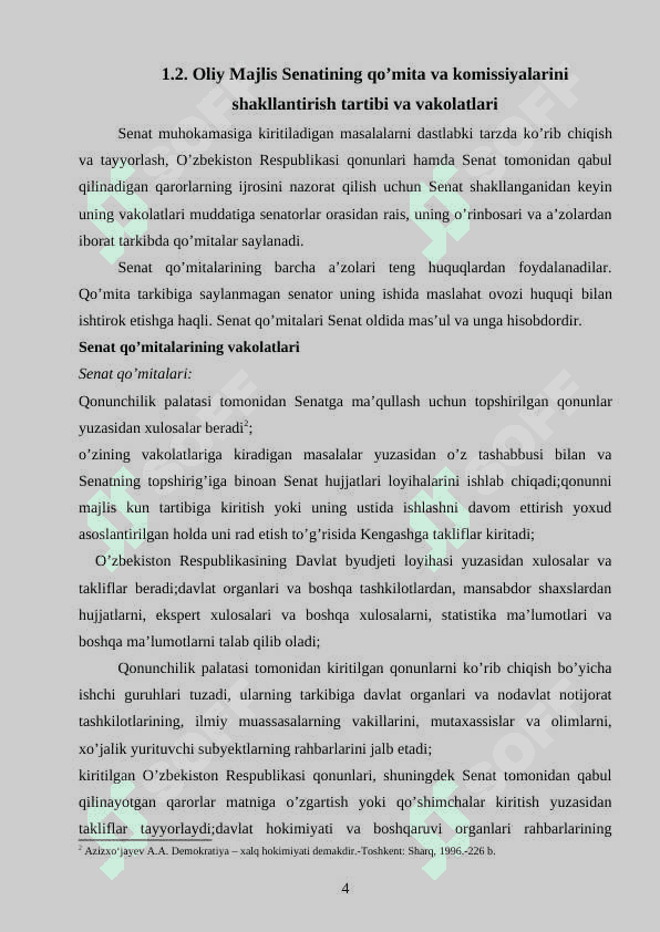 O’zbekiston Respublikasi Oliy Majlisi qonunchilik palatasi va senati qo’mita va komissiyalarini shakllantirish, qo’mita va komissiyalar faoliyatining asosiy yo’nalishlari 4