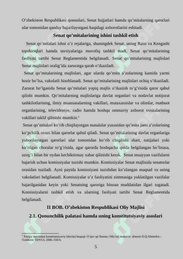 O’zbekiston Respublikasi Oliy Majlisi qonunchilik palatasi va senati qo’mita va komissiyalarini shakllantirish, qo’mita va komissiyalar faoliyatining asosiy yo’nalishlari 5