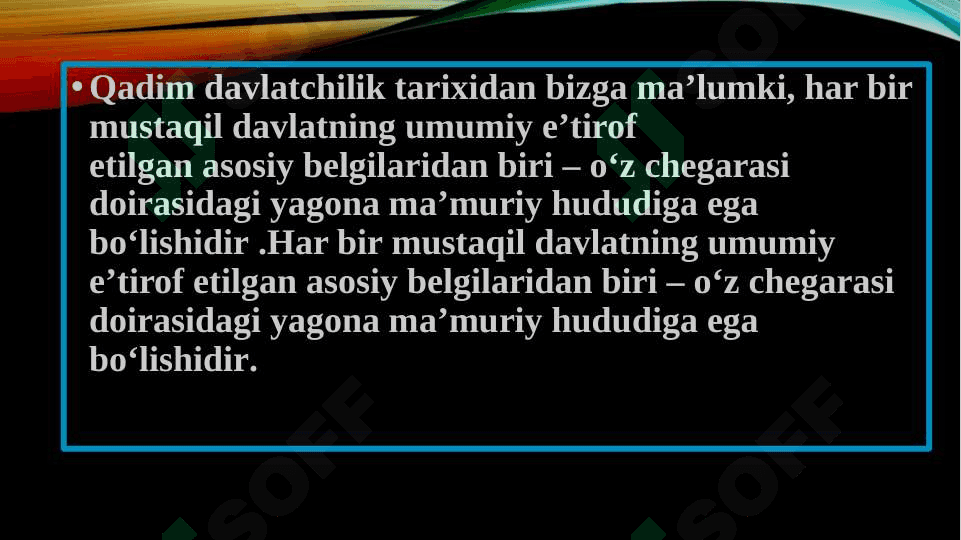 O‘zbekiston Respublikasining ma’muriy-hududiy  va davlat  tuzilish, davlat hokimiyatini amalga oshirishga doir normalar, moliya, pul va bank tizimi, mudofaa va xavfsizlik 3