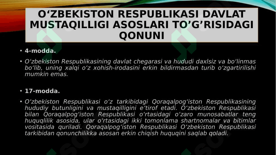 O‘zbekiston Respublikasining ma’muriy-hududiy  va davlat  tuzilish, davlat hokimiyatini amalga oshirishga doir normalar, moliya, pul va bank tizimi, mudofaa va xavfsizlik 7