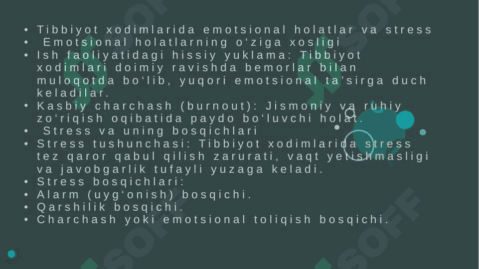 Tibbiyot xodimlarida emotsional holatlarning o'ziga xosligi, stres va uning bosqichlar, bartaraf etish yo'llari.Oilada bola tarbiyasi, toifalari va oqibatlariReja:1. Tibbiyot xodimlarida emotsional holatlar va stress2. Kasb ta’sirida emotsional charchash.3. Psixologik yordam va o‘zini boshqarish.4. Oilada bola tarbiyasi: toifalari va oqibatlari 2