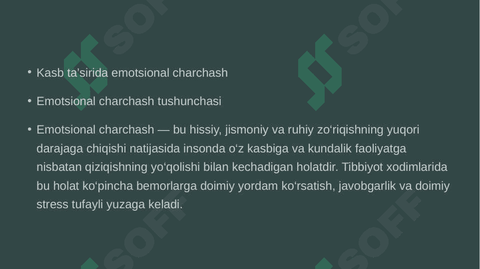 Tibbiyot xodimlarida emotsional holatlarning o'ziga xosligi, stres va uning bosqichlar, bartaraf etish yo'llari.Oilada bola tarbiyasi, toifalari va oqibatlariReja:1. Tibbiyot xodimlarida emotsional holatlar va stress2. Kasb ta’sirida emotsional charchash.3. Psixologik yordam va o‘zini boshqarish.4. Oilada bola tarbiyasi: toifalari va oqibatlari 4