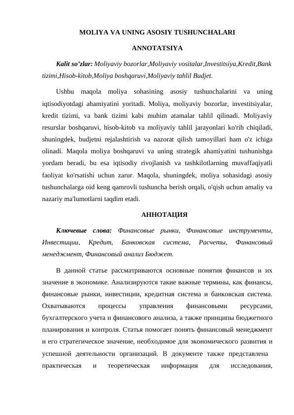 MOLIYA VA UNING ASOSIY TUSHUNCHALARI 1