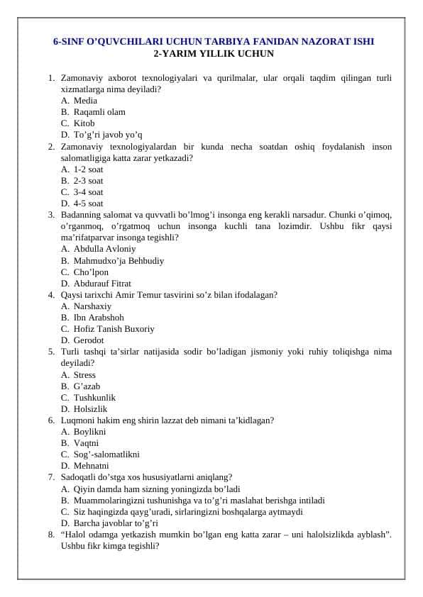 6-SINF O’QUVCHILARI UCHUN TARBIYA FANIDAN NAZORAT ISHI 2-YARIM YILLIK UCHUN