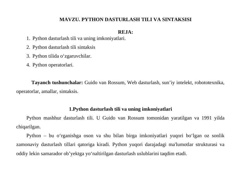 PYTHΟN DASTURLASH TILI VA SINTAKSISI