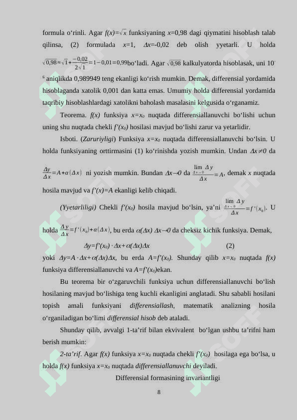 Funksiyaning yuqori tartibli differensiallariI 8