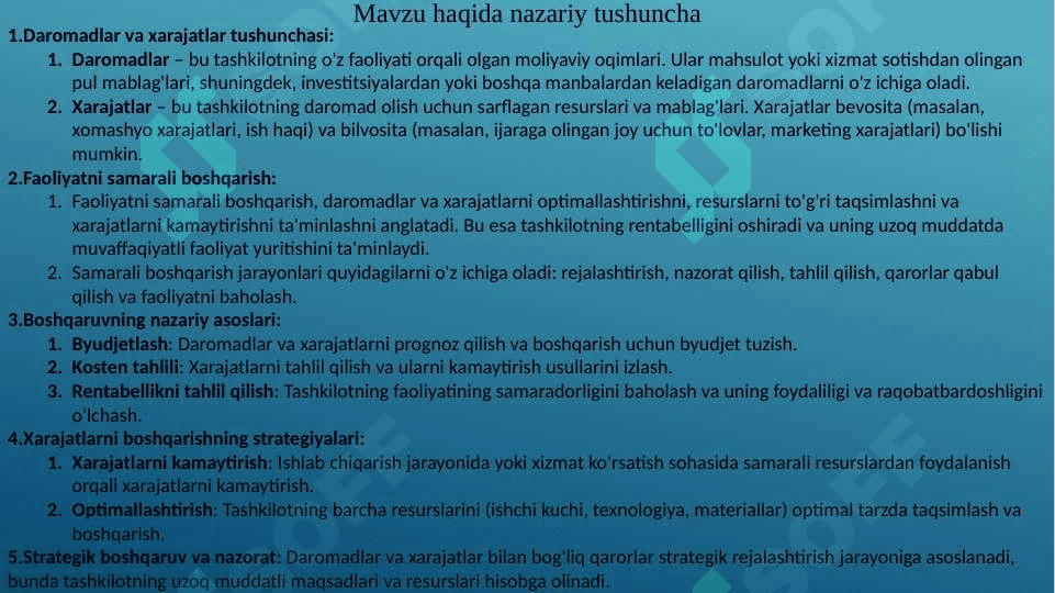 Daromadlari va xarajatlari, faoliyatini samarali boshqarish masalalari 3