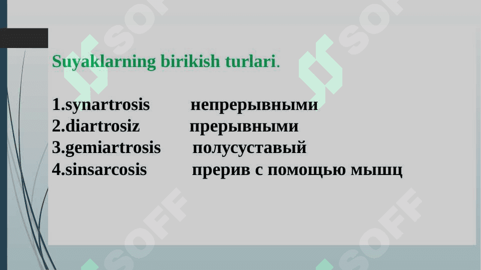 Syndesmologiya. Suyaklarning birlashuvi tu’grisida umumiy ma’lumot. Tana suyaklarining birlashuvi. Yelka kamari  suyaklarining birlashuvi. Qo’l soxasidagi  suyaklarning, chanoq va oyoq soxasidagi suyaklarning o’zaro birlashuvi. Suyaklarning bu’gimlarning rentgenanatomiyasi. 3