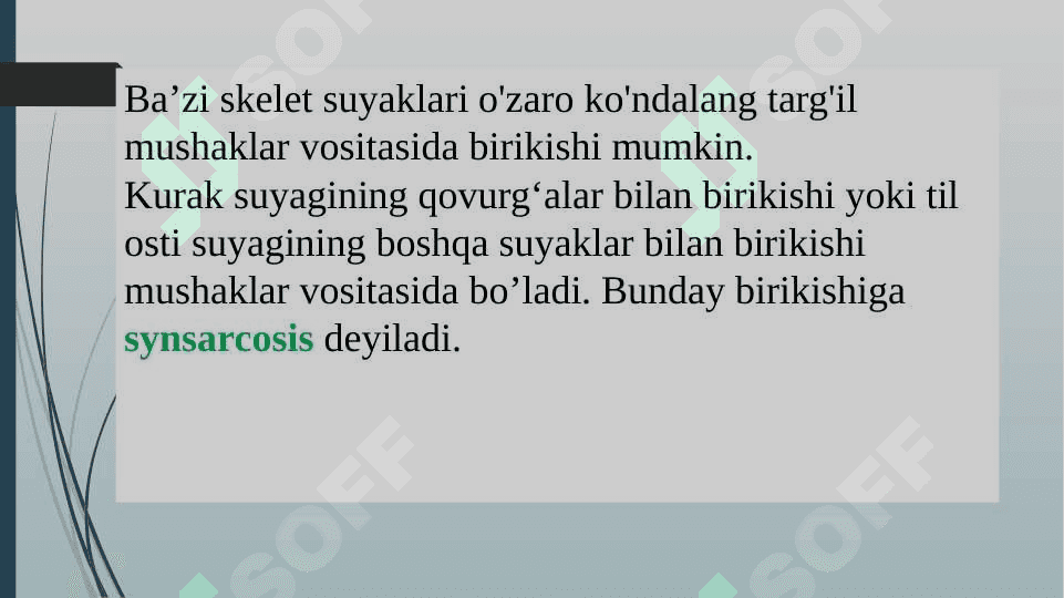 Syndesmologiya. Suyaklarning birlashuvi tu’grisida umumiy ma’lumot. Tana suyaklarining birlashuvi. Yelka kamari  suyaklarining birlashuvi. Qo’l soxasidagi  suyaklarning, chanoq va oyoq soxasidagi suyaklarning o’zaro birlashuvi. Suyaklarning bu’gimlarning rentgenanatomiyasi. 4