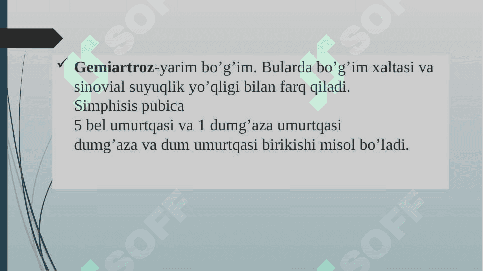 Syndesmologiya. Suyaklarning birlashuvi tu’grisida umumiy ma’lumot. Tana suyaklarining birlashuvi. Yelka kamari  suyaklarining birlashuvi. Qo’l soxasidagi  suyaklarning, chanoq va oyoq soxasidagi suyaklarning o’zaro birlashuvi. Suyaklarning bu’gimlarning rentgenanatomiyasi. 5