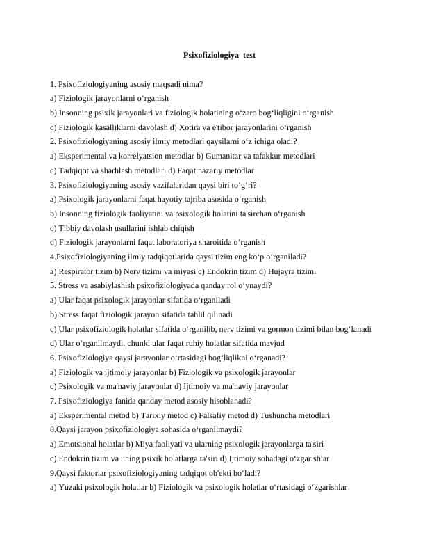 Psixofiziologiya fanidan test