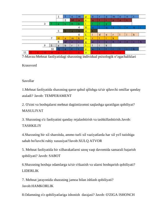 Mehnat faoliyatidagi shaxsning individual psixologik o‘zgachaliklari mavzusida krassvord