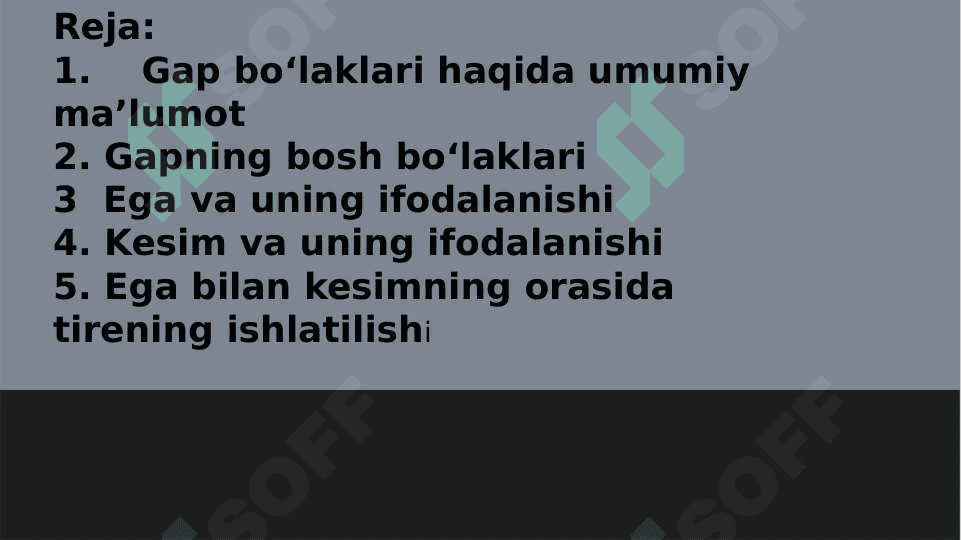 GAP BO‘LAKLARI. BOSH BO‘LAKLAR. EGA, UNING IFODALANISHI. KЕSIM, UNING IFODALANISHI, TURLARI. BOG`LAMA. KЕSIMNING EGA BILAN SHAXS VA SONDA MOSLIGI.  EGA BILAN KЕSIM ORASIDA 2