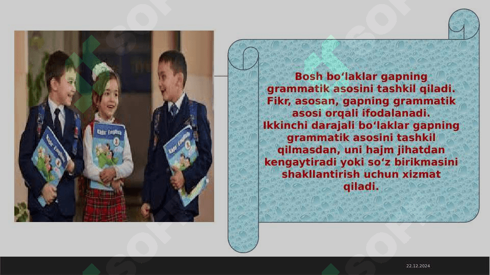 GAP BO‘LAKLARI. BOSH BO‘LAKLAR. EGA, UNING IFODALANISHI. KЕSIM, UNING IFODALANISHI, TURLARI. BOG`LAMA. KЕSIMNING EGA BILAN SHAXS VA SONDA MOSLIGI.  EGA BILAN KЕSIM ORASIDA 6
