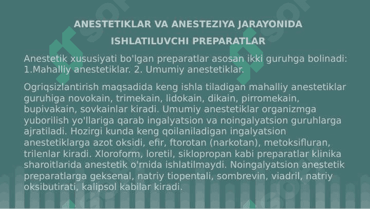 Mavzu:Ingalyatsion narkoz, narkoz uchun narkotik moddalar. Narkoz asoratlari va ularni bartaraf etish usullari. Noingalvatsion narkoz. Mahalliy og'riqsizlantirish turlari. Novokain blokadalari." 3