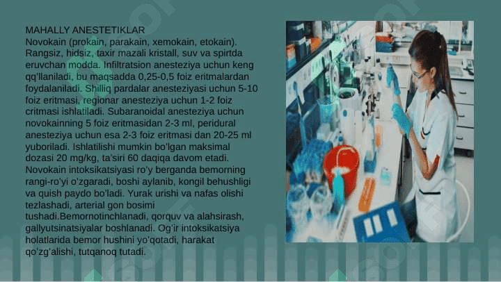 Mavzu:Ingalyatsion narkoz, narkoz uchun narkotik moddalar. Narkoz asoratlari va ularni bartaraf etish usullari. Noingalvatsion narkoz. Mahalliy og'riqsizlantirish turlari. Novokain blokadalari." 4