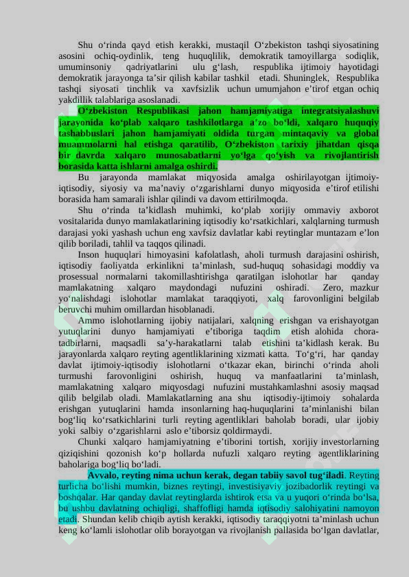 O'zbekiston Respublikasining xalqaro reytingi va indeksdagi o'rni 2