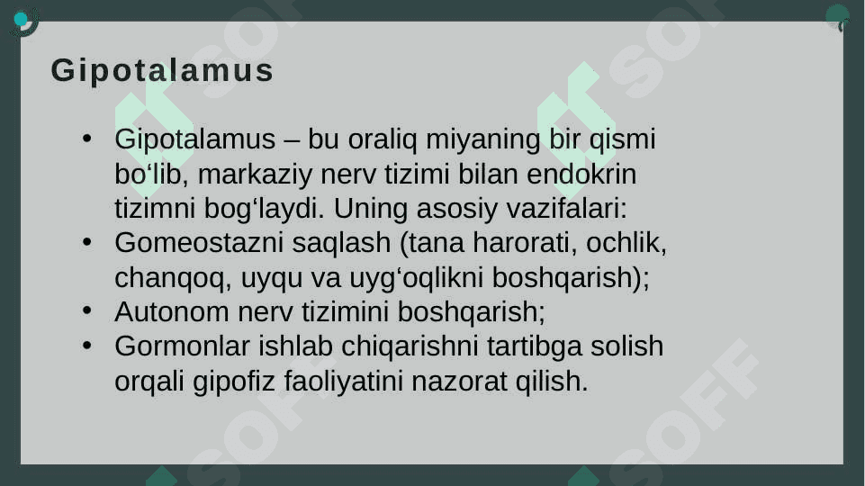 Endokrin bezlar fiziologiyasi. Gipotalamo- gipofizar tizim. Qalqonsimon va qalqonoldi bezi. Buyrakusti bezi fiziologiyasi 7
