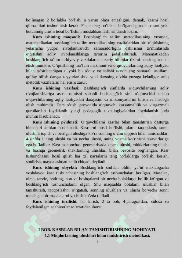 Boshlang'ich sinf o'quvchilarining kasrga doir masalalar yechish orqali matematik tafakkurini shakllantirish - KURS ISHI 4