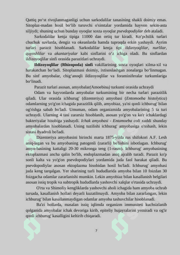 KASALLIK QO'ZG'ATUVCHI BIR HUJAYRALILAR  - KURS ISHI 7