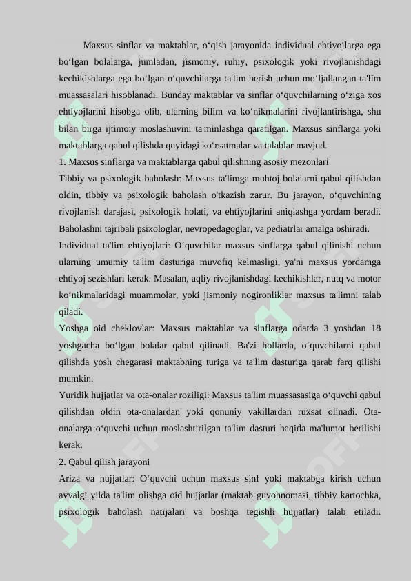 Maxsus sinflar va maktablarga qabul qilish uchun koʻrsatmalar 2