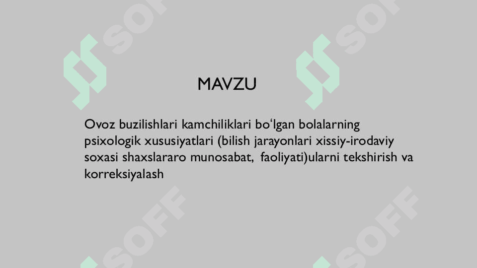 Ovoz buzilishlari kamchiliklari boʻlgan bolalarning psixologik xususiyatlari (bilish jarayonlari xissiy-irodaviy soxasi shaxslararo munosabat, faoliyati)ularni tekshirish va korreksiyalash 2