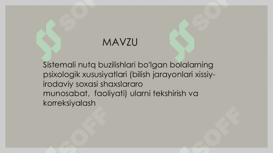 Sistemali nutq buzilishlari boʻlgan bolalarning psixologik xususiyatlari (bilish jarayonlari xissiy- irodaviy soxasi shaxslararo munosabat, faoliyati) ularni tekshirish va korreksiyalash 2