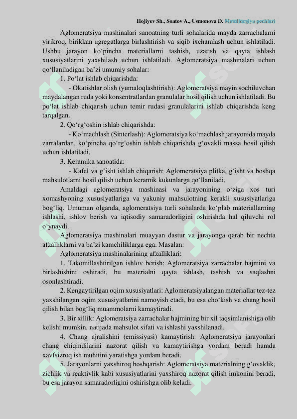 Aglomeratsion kuydirish mashinasi Hojiyev Sh., Soatov A., Usmonova D. Metallurgiya pechlari 1