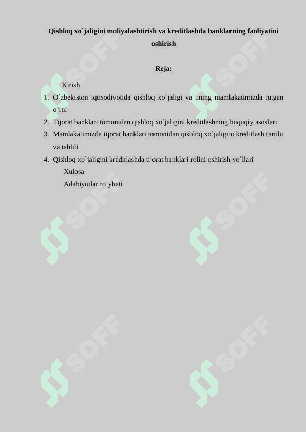 Qishloq xo`jaligini moliyalashtirish va kreditlashda banklarning faoliyatini oshirish 2