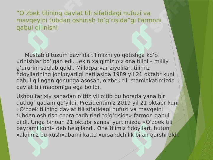O‘zbek tilining davlat tili sifatidagi nufuzi va mavqeyini tubdan oshirish to’g’risida”gi Farmonida belgilangan vazifalarning amalda bajarilishi 3