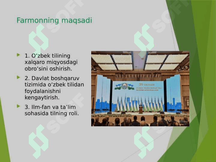 O‘zbek tilining davlat tili sifatidagi nufuzi va mavqeyini tubdan oshirish to’g’risida”gi Farmonida belgilangan vazifalarning amalda bajarilishi 4
