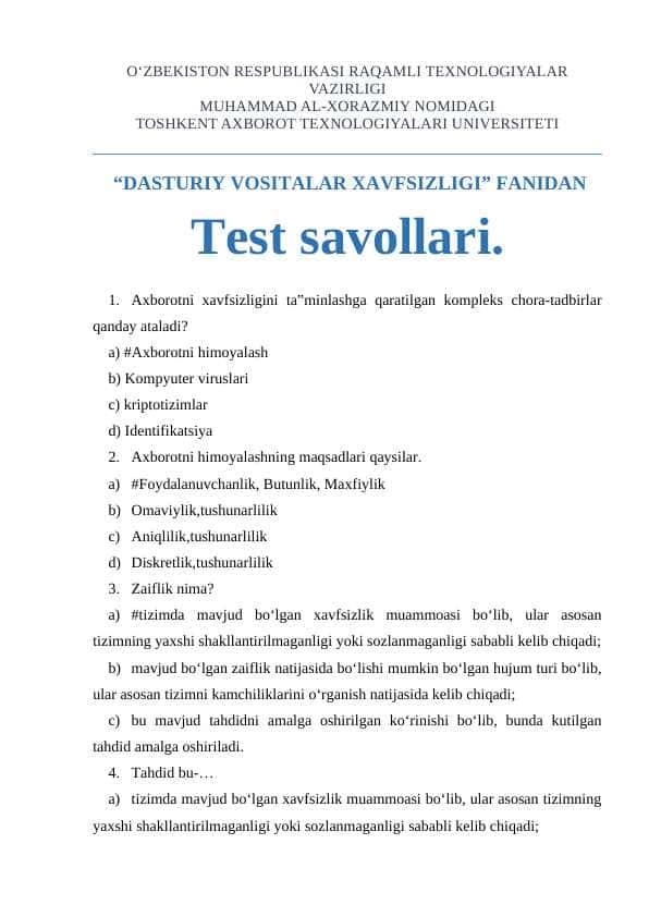 Dasturiy vositalar xavfsizligi fanidan test 1
