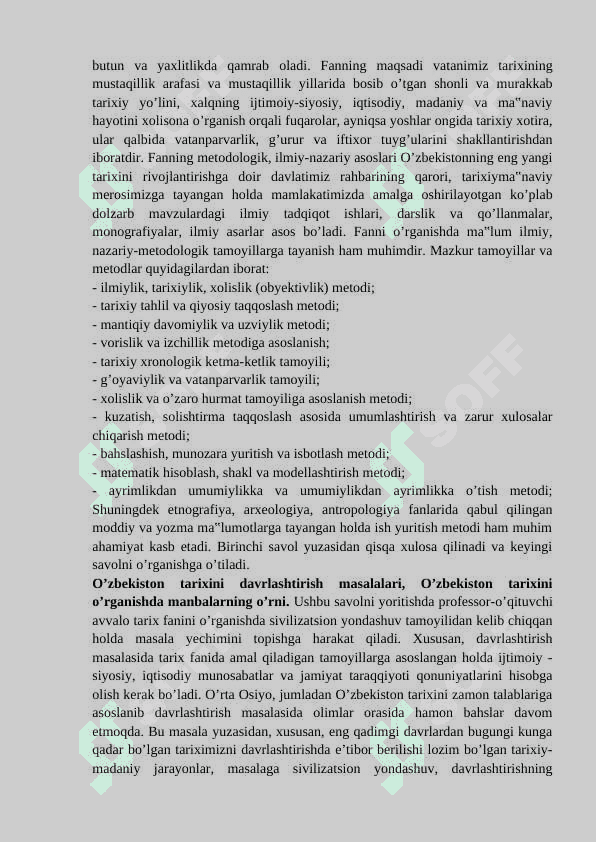 O‘ZBEKISTONNING ENG YANGI TARIXI O‘QUV FANINING PREDMETI, MAQSADI VA VAZIFALARI, NAZARIY-METODOLOGIK TAMOYILLARI 4