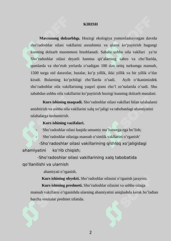 SHO‘RADOSHLAR OILASI UMUMIY TASNIFI 2