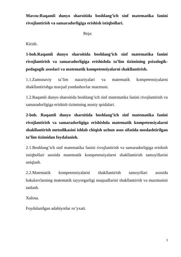 Raqamli dunyo sharoitida boshlangʻich sinf matematika fanini rivojlantirish