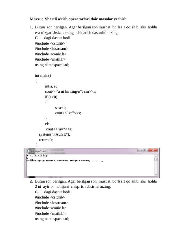 C++da Shartli o’tish operatorlari doir masalar yechish.