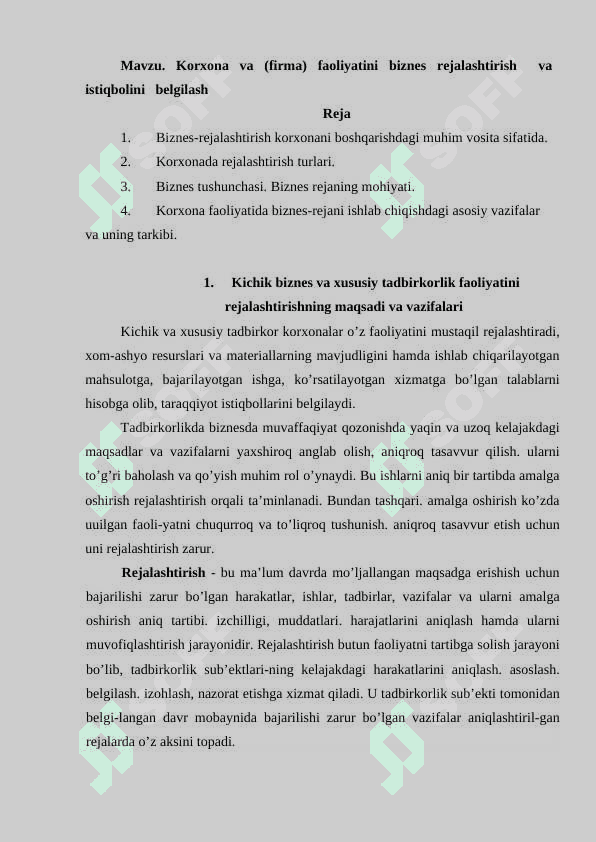 Korxona va (firma) faoliyatini biznes rejalashtirish  va istiqbolini   belgilash 2