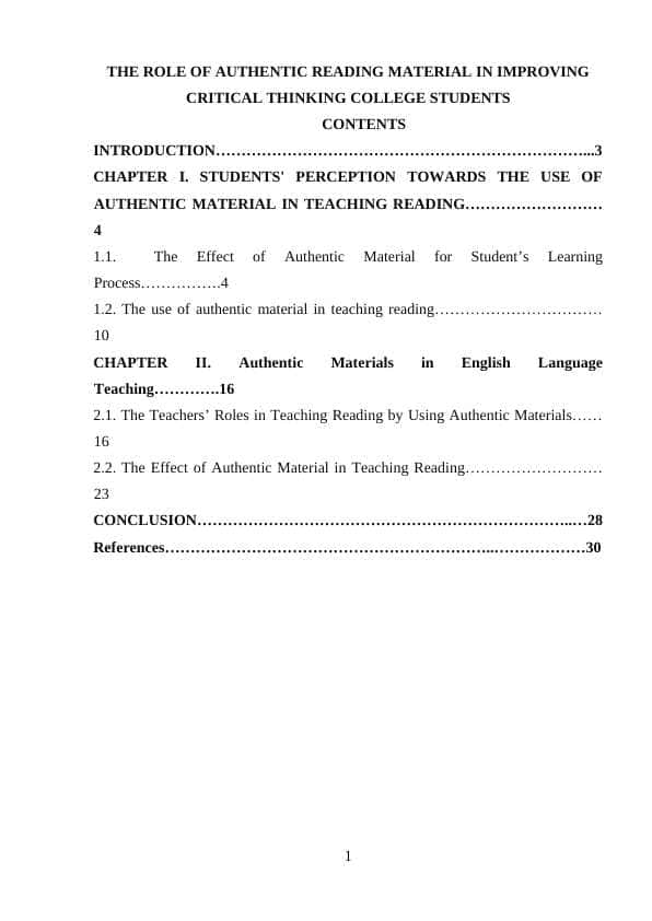 THE ROLE OF AUTHENTIC READING MATERIAL IN IMPROVING CRITICAL THINKING COLLEGE STUDENTS