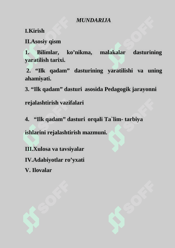 ” Ilk qadam” o’quv dasturida ta'lim-tarbiya jarayoni rejalashtirilishi“ 2