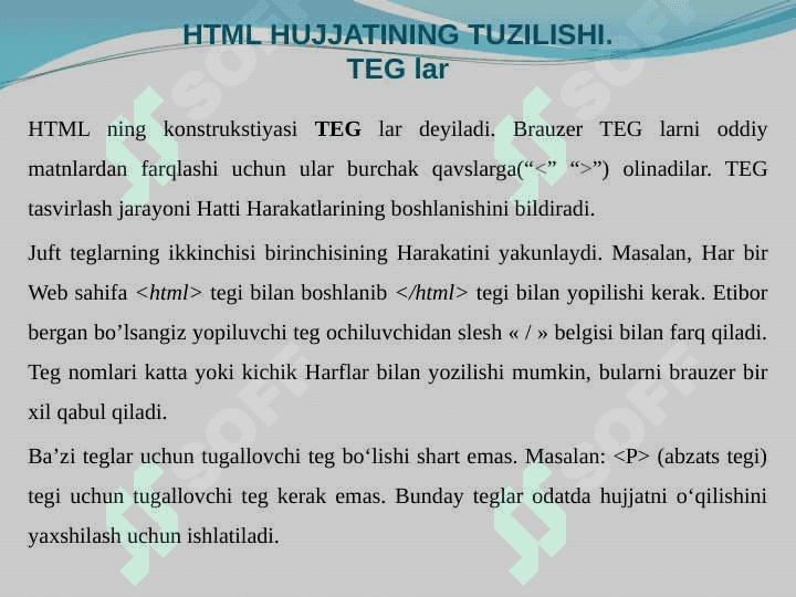 HTML tiliga kirish, uning asosiy elementlari. Teg tushunchasi. HTML tilida jadvallar hosil qilish. 4